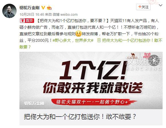 一个亿的小目标?双十一骆驼霸道总裁要为你实现